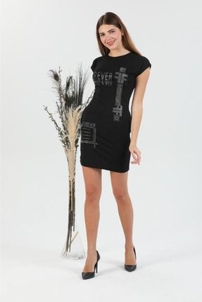 Kadın Siyah Taşli Likralı Penye Elbise EYM80956
