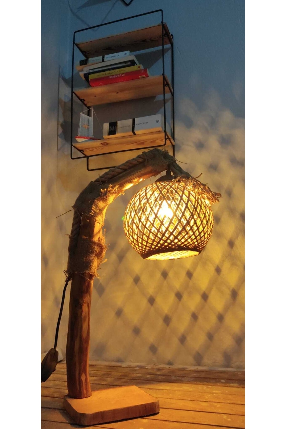 TEKALİ Mini Lambader Sarı Top Ahşap Abajur Ağaç Aydınlatma Komodin Masa Üstü Lamba 50cm