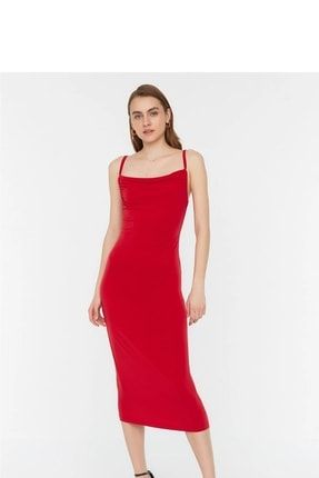 Kadın Uzun Kırmızı Degaje Yaka Örme Elbise Modeli HLLDRKRMZI
