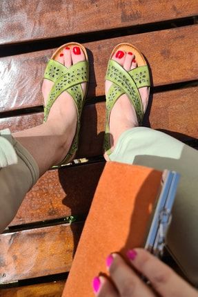 Manavgat- Yeşil Lazer Işlemeli Hakiki Deri Sandalet 2314