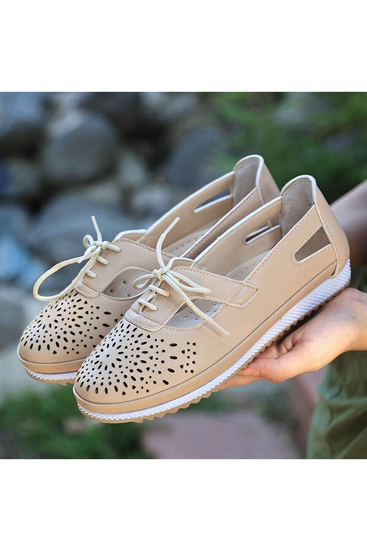 Kadın Krem Ciol Krem Cilt Babet Ayakkabı