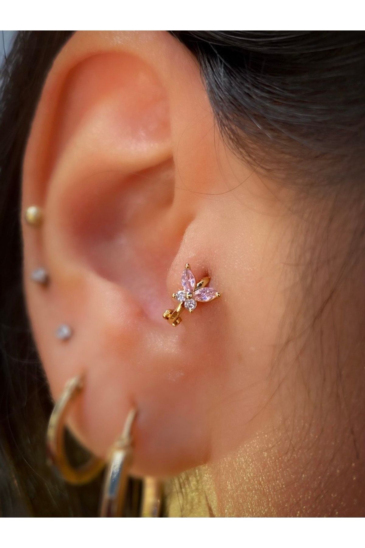 Cerrahi Çelik Gold Renk Kelebek Mini Halka Tragus Helix Kıkırdak Piercingi