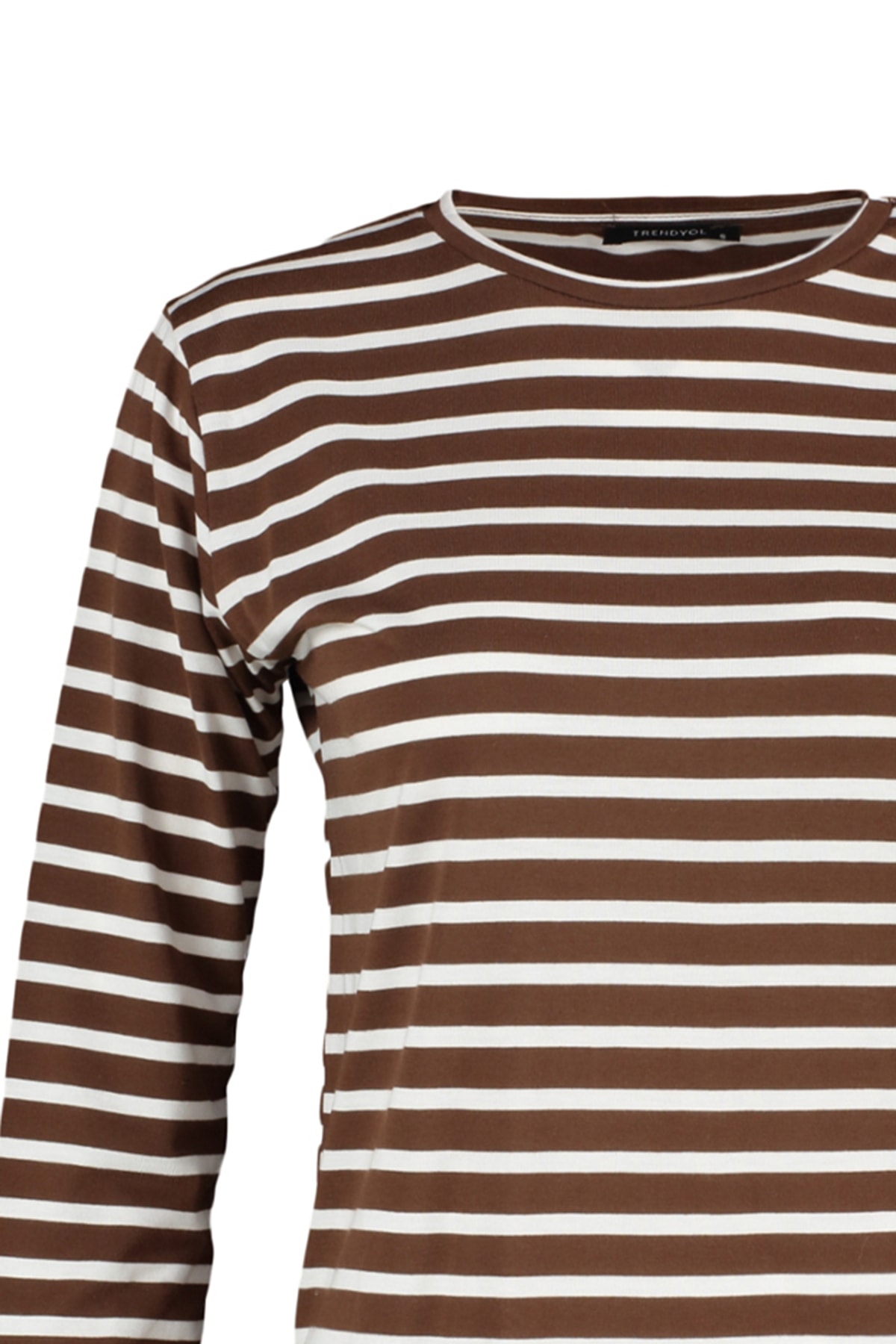 Trendyolmilla  Kahverengi Çizgili Basic Bisiklet Yaka Örme T-shirt TWOAW23TS00002 - Görsel 7