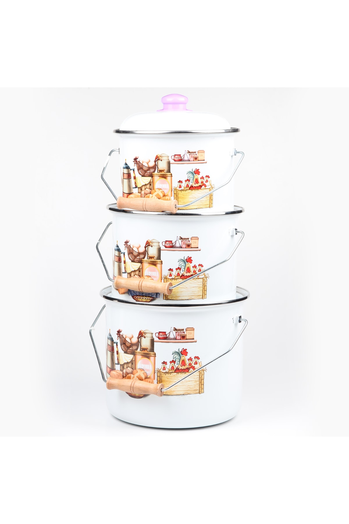 Horoz Desenli 3 Parça Bakraç Yoğurt Bakliyat Seti 24 - 26 - 28 Cm