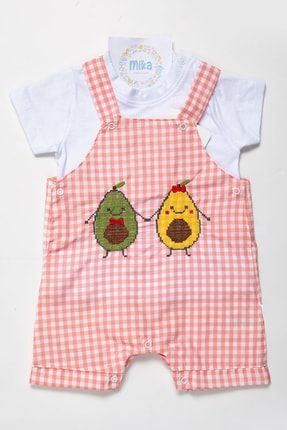 Avokado Kanaviçe Işlemeli Pembe Kız Bebek Yazlık 2'li Salopet Takım MB-00529