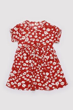 Yazlık Kız Çocuk Penye %70 Pamuk Dar Kalıp Emprime Çiçekli Robalı Elbise 13383