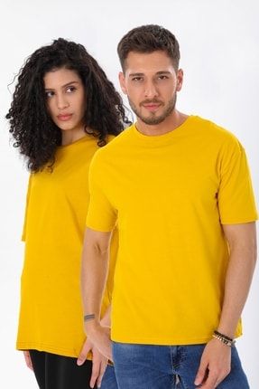 Rahat Kalıp Bisiklet Yaka Unisex Hardal Tişört 8470-TSHIRT