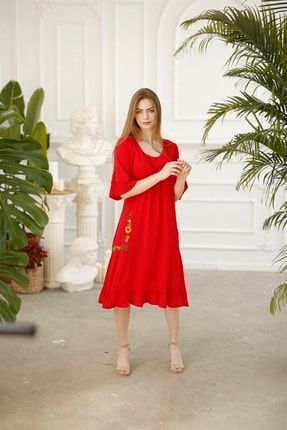 Kadın Yazlık Elbise Pamuklu Viskon Kumaş Etnik-otantik Elbise Kırmızı 9078