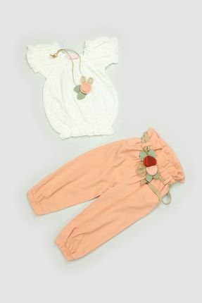 Yazlık Kız Minik %100 Polyester Gül Kolyeli Kolye & Bluz & Pantolon 3 Parça Takım 13304