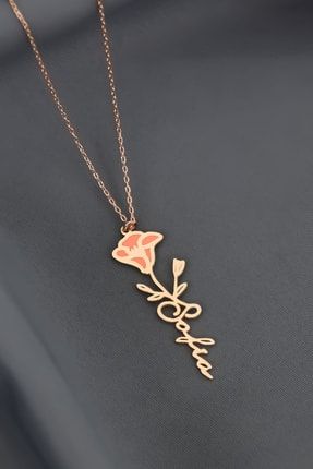 925 Ayar Gümüş Rose Kaplama Özel Tasarım Mineli Doğum Eylül Ayı Çiçeği, Isim Kolye UVPTS100532