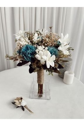 Yeni Sezon Mavi Beyaz Aranjman Gelin Çiçeği Gelin Buketi Ve Damat Yaka Çiçeği Özel Tasarım PaPartiBkt00039