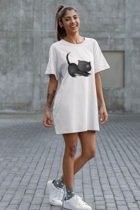 Esneyen Tatlı Kedi Beyaz Kadın Pamuklu T-Shirt Elbise YNA0333KTD617BEYAZ