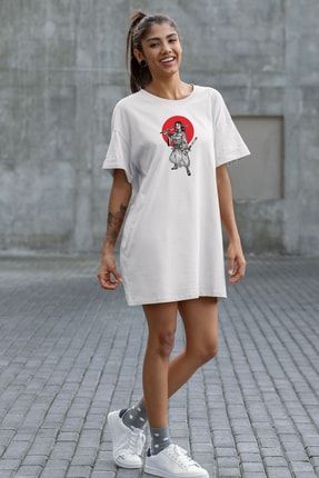 Samuray Kadın Beyaz Kadın Pamuklu T-Shirt Elbise YNA0499KTD947BEYAZ