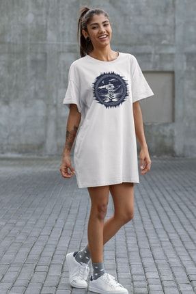 Gece Deniz Feneri Beyaz Kadın Pamuklu Tişört Elbise YNA0282KTD517BEYAZ