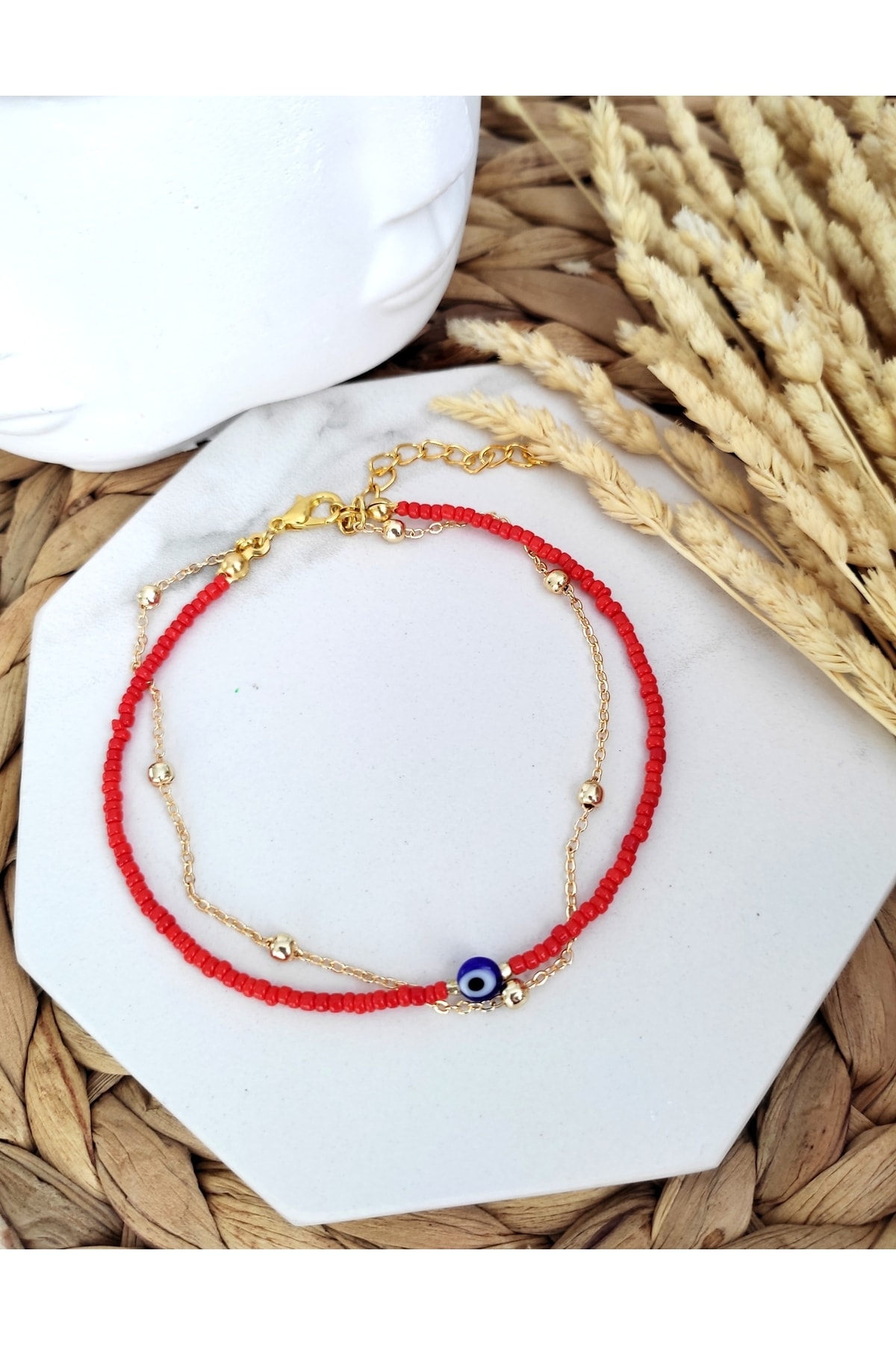 HALHALMILL Kadın Nazar Boncuklu Top Zincirli Ikili Kırmızı Halhal