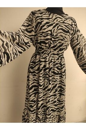 Siyah Beyaz Zebra Elbise Astarlı Şifon 36 Beden Mrv01032