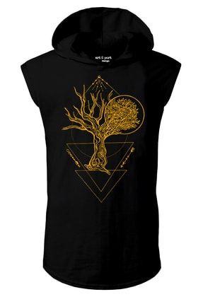 Unisex Siyah Yaşam Ağacı Tasarım Kapşonlu Kolsuz T-shirt ART411