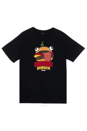 Unisex Siyah Fortnite Durr Burger Baskılı T-shirt FHKSZ248-KOR