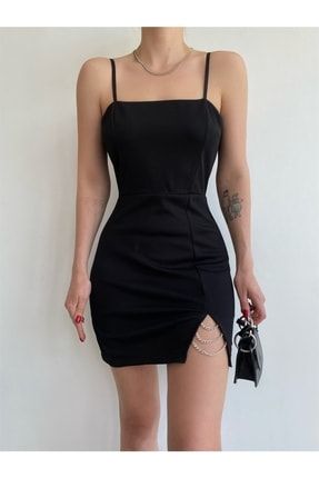 Zincir Detay Yırtmaçlı Elbise Siyah ANG-Mia-7184