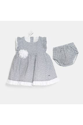 Kız Bebek Çiçek Desenli Fırfırlı Düğmeli Organik Astarlı Siyah Beyaz Elbise 2024