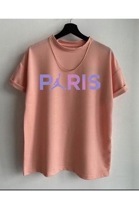 Yeni Sezon Slim Fit Unısex Renkli Paris Yazılı Dijital Baskılı Pudra Renk T-shirt KRMZPRS63