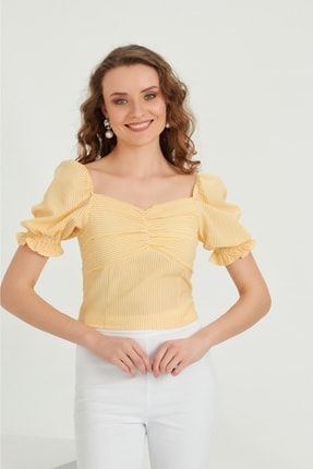 Sarı Beyaz Çizgili Balon Lastikli Kol Crop Bluz HLY105