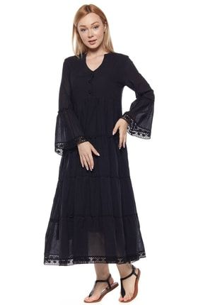 Şile Bezi Uzun Kollu Siyah Düğmeli Elbise 722.02