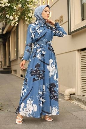 Indigo Kontrast Desenli Kemerli Tesettür Elbise FR3063