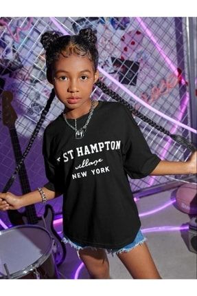 Kız Çocuk Oversize Siyah East Hampton Baskılı Tshirt easthampton
