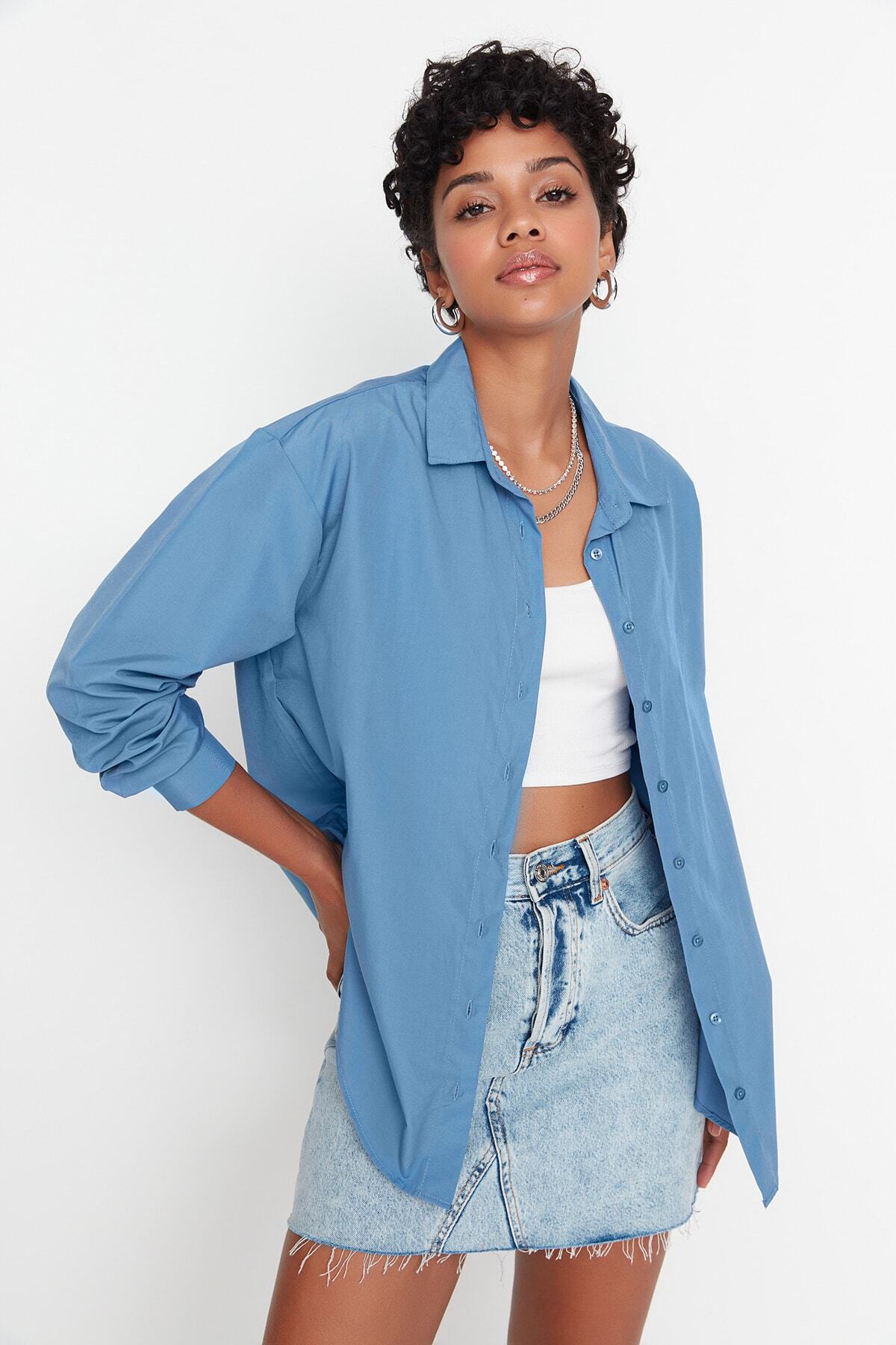 Trendyol Collection-Petrol Loose Fit Cotton Woven Shirt TWOAW20GO0107 2
