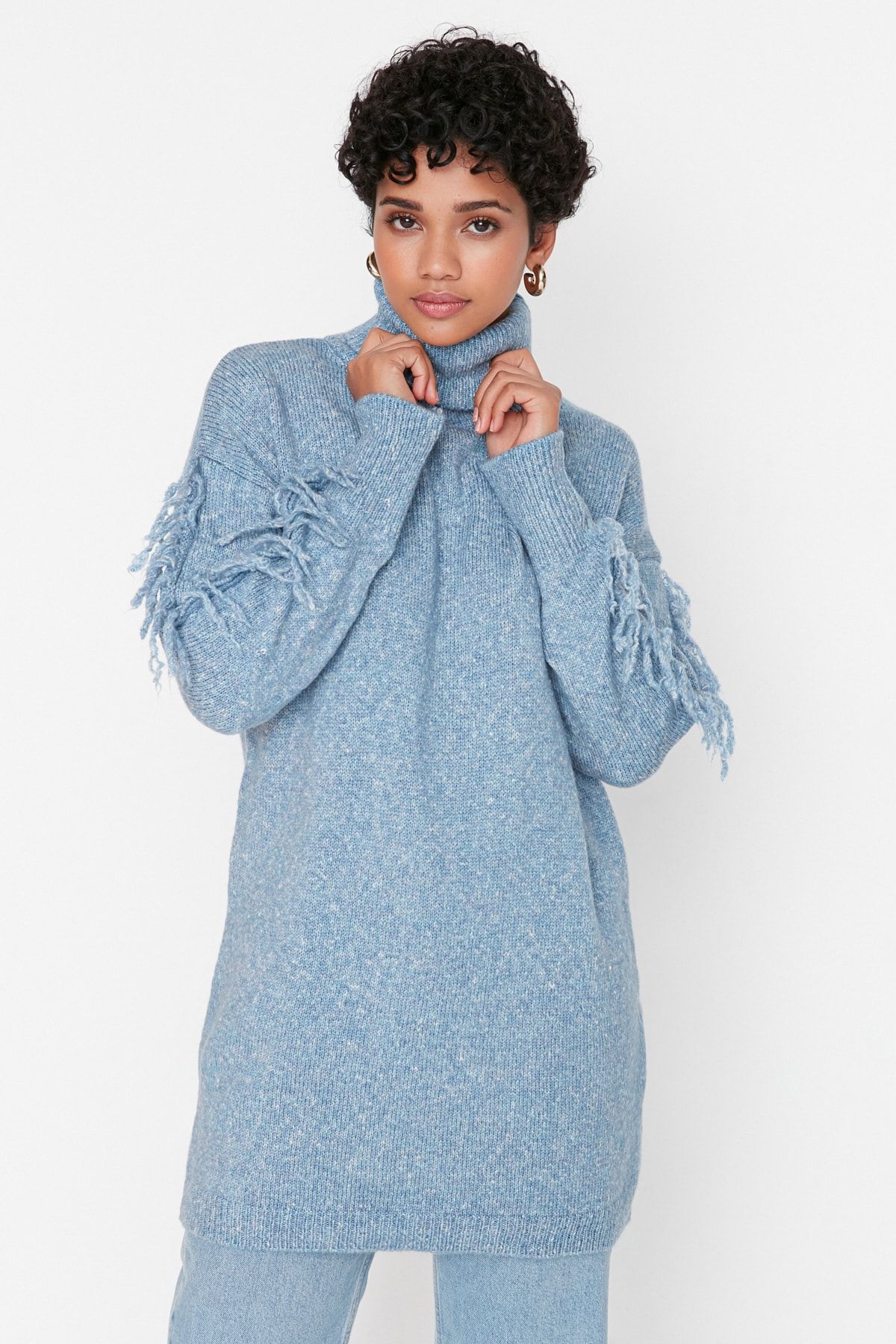 Trendyol Modest Mavi Balıkçı Yaka Kol Detaylı Triko Kazak TCTAW23KZ00107
