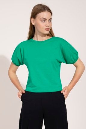 Kadın Yeşil Balon Kollu Pamuklu Basic T-shirt MDTRN12957