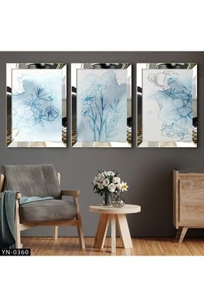 Mavi Çiçek Desenleri - Gümüş Ayna Çerçeveli Tablo 3'lü Set-hyn-0360 HYN-0360
