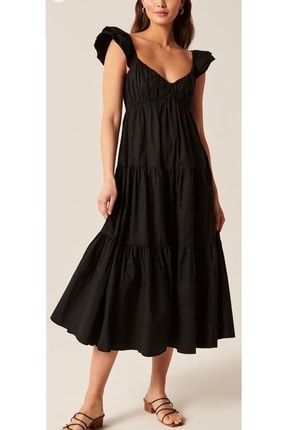 Kadın Siyah Kolları Fırfırlı Gipe Dikişli 3 Katlı Plus Elbise cst5888
