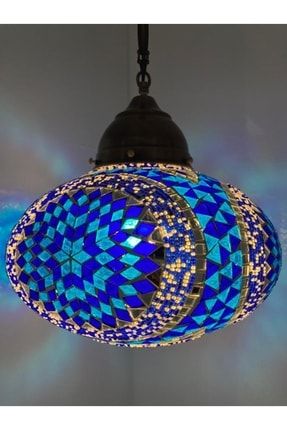 Otantik Tavan Sarkıt Avize Dekoratif Cam Mozaik Top Lamba Mavi 35x85cm. topmavi