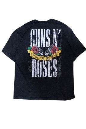 Yıkamalı Siyah Unisex Oversize %100 Pamuk Sırt Baskılı Metal Müzik T-shirt Guns N Roses kfs00944
