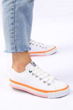 Kadın Günlük Bağcıklı Beyaz Turuncu Sneaker Ayakkabı TRPY250034