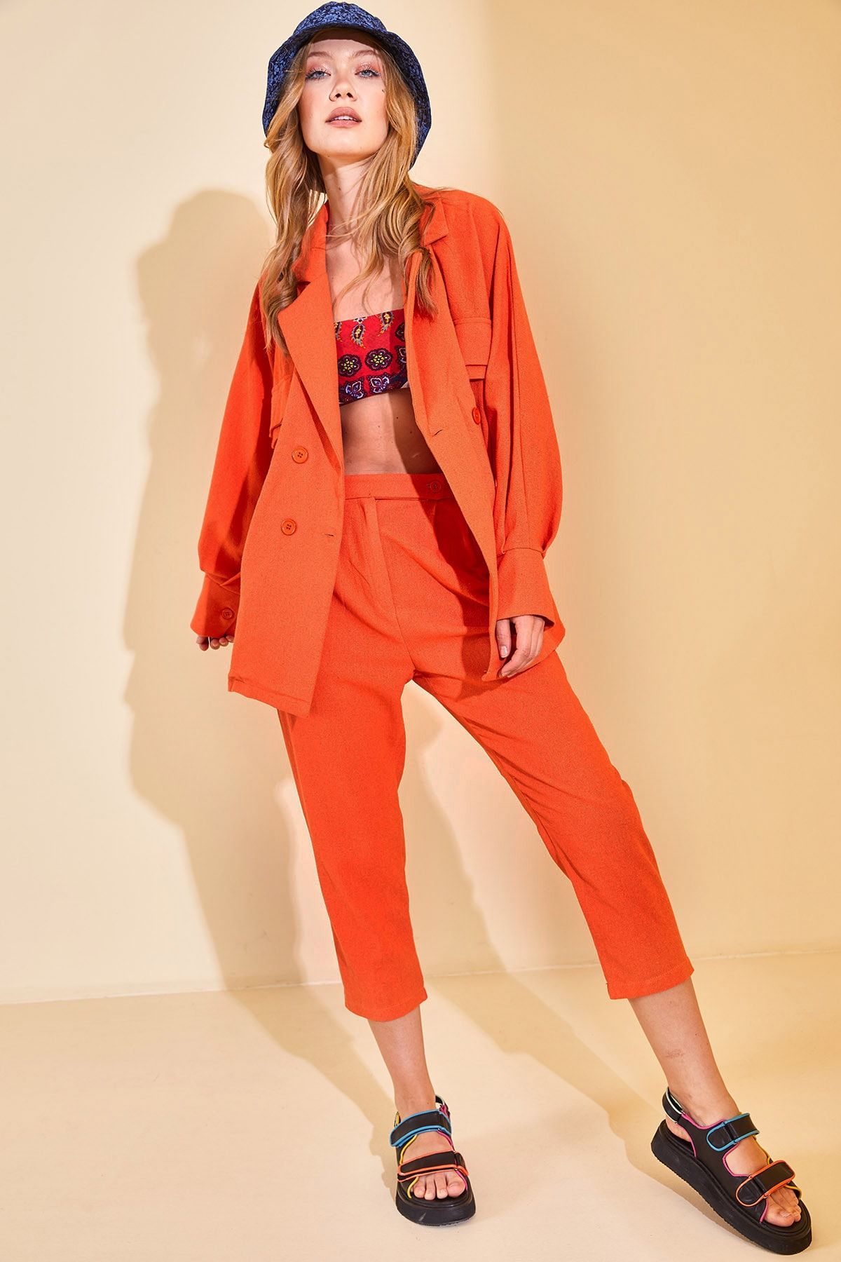 XHAN-Orangefarbener zweireihiger Leinenanzug für Damen mit Kragen 2YZK8-12872-11 5