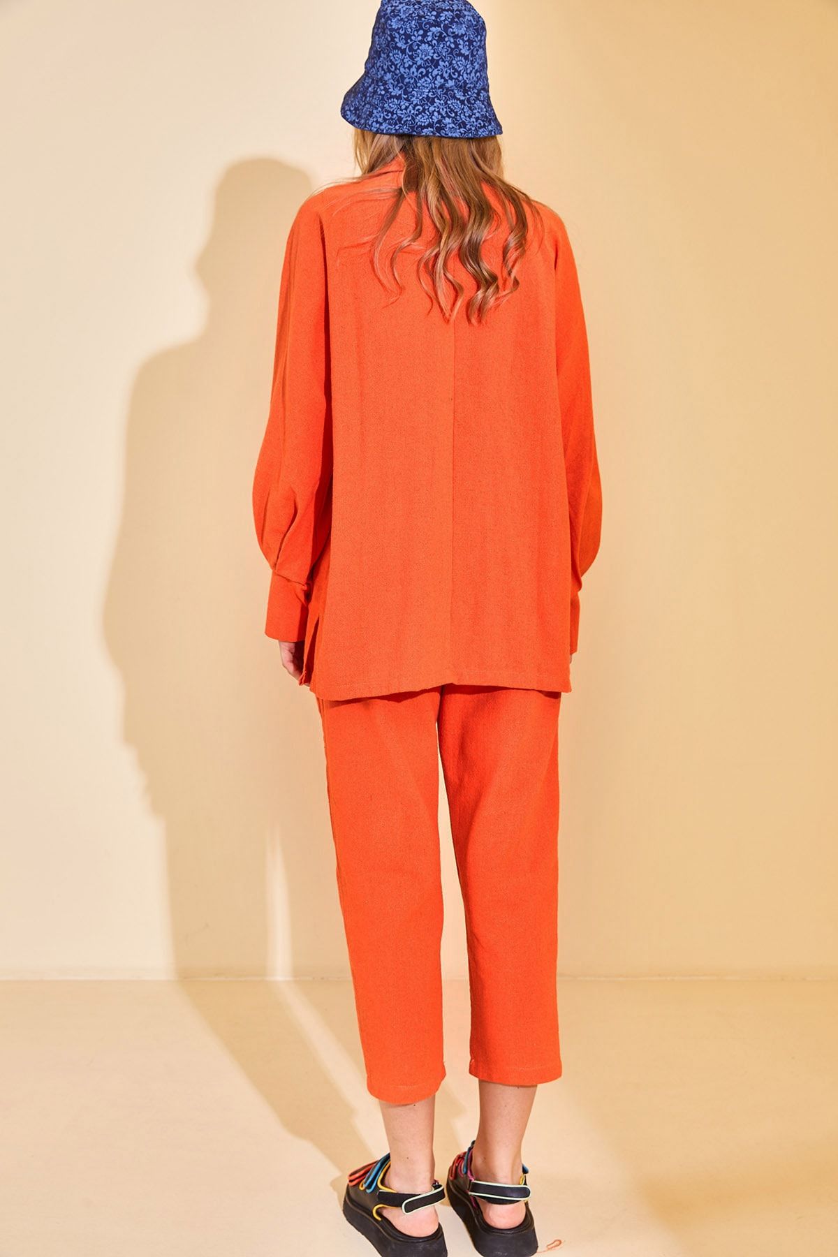 XHAN-Orangefarbener zweireihiger Leinenanzug für Damen mit Kragen 2YZK8-12872-11 8