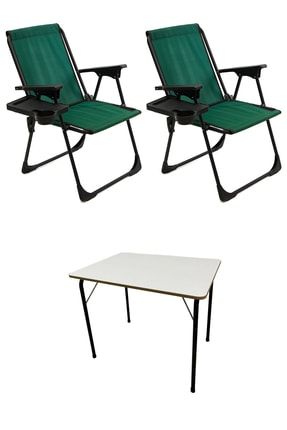 2 Adet Kamp Sandalyesi Katlanır Piknik Sandalye Dikdörtgen Bardaklıklı Yeşil Katlanır Mdf Masa MON2KSDM