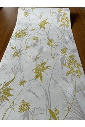 Beyaz Zemin Üzeri Yeşil-gri Çiçek Desenli Ithal Duvar Kağıdı (5m²) 56467112