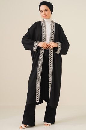 5865 Nakışlı Örme Uzun Kimono - Siyah 5865BGD19