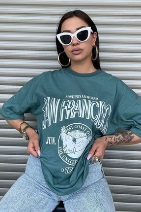 Kadın Oversize Penye Mint San Francisco Baskılı T-shirt LL3553