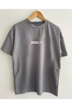 Gri Brooklyn Baskılı Unisex Oversize Bsiklet Yaka T-shirt ufktsrt-313