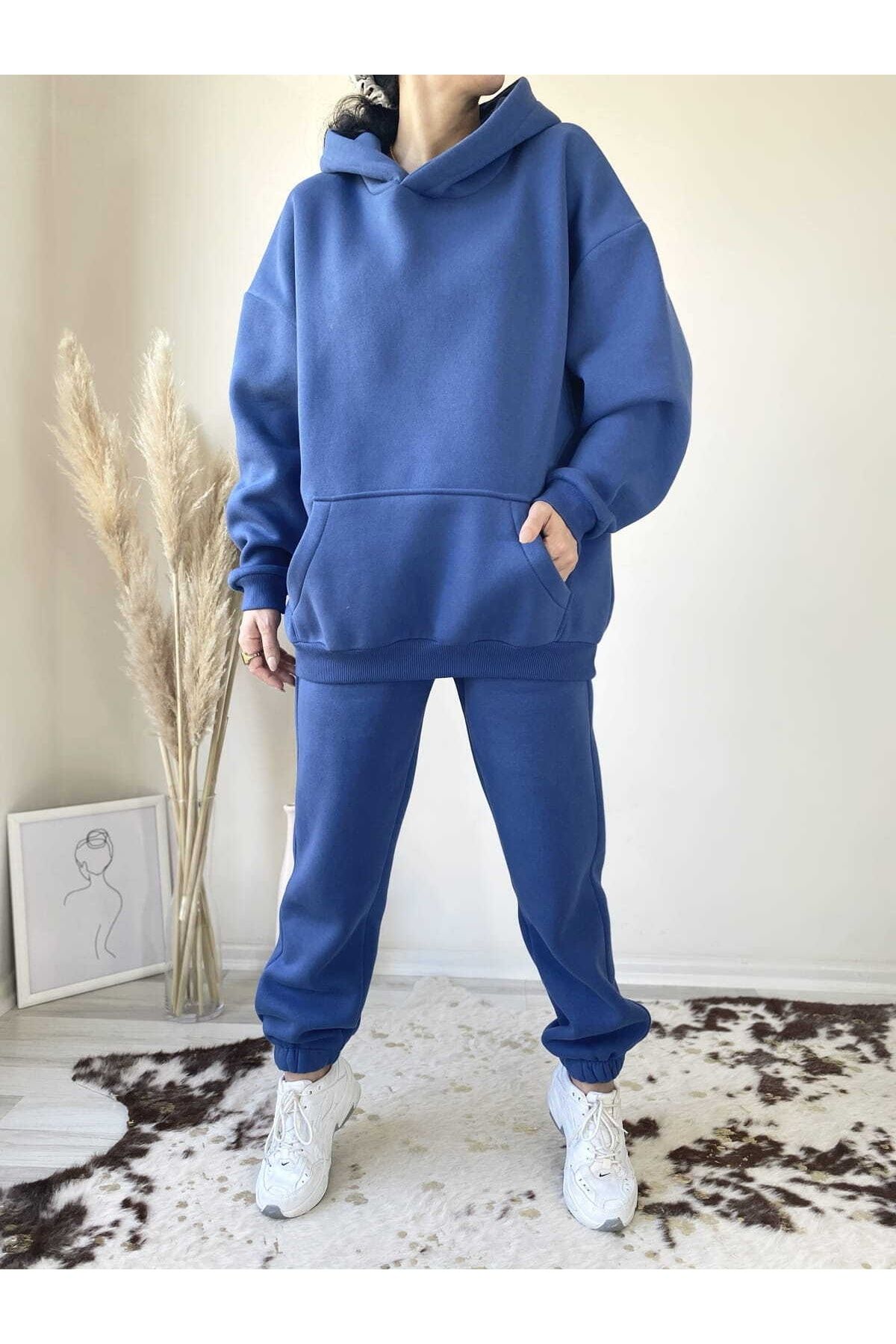 MAİ COLLECTİON Kadın Kapüşonlu Indigo Ikili Eşofman Takımı ZN8975