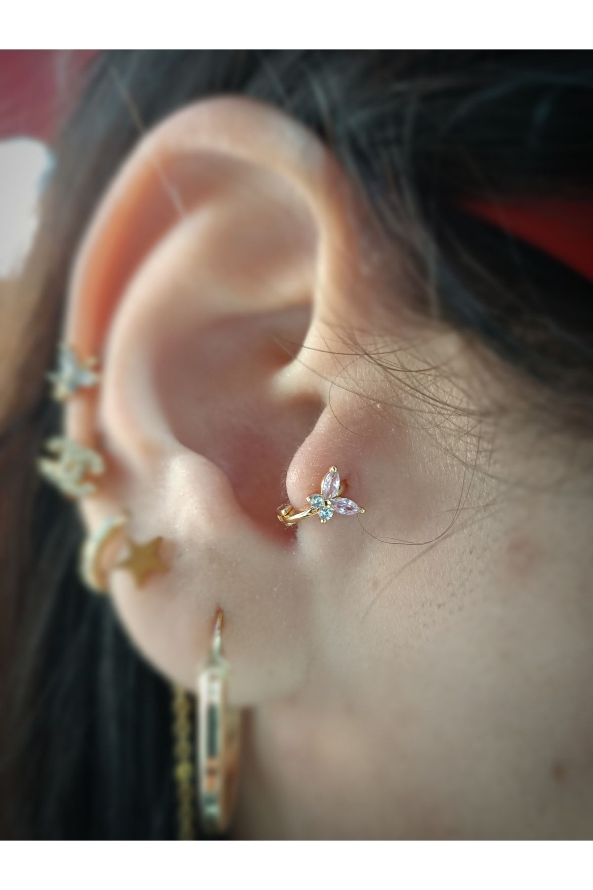 Cerrahi Çelik Gold Renk Kelebek Mini Halka Tragus Helix Kıkırdak Piercingi