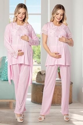 Pembe Renk Sabahlıklı Lohusa Pijama Takımı Ply 50100p- 3lü Sabahlıklı Hamile Pijaması PLTYLZ-50105-BRD