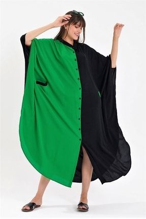 Kadın Siyah Yeşil Renk Bloklu Cepli Sırtı Balık Nakışlı Oversize Uzun Elbise EUWSB2932