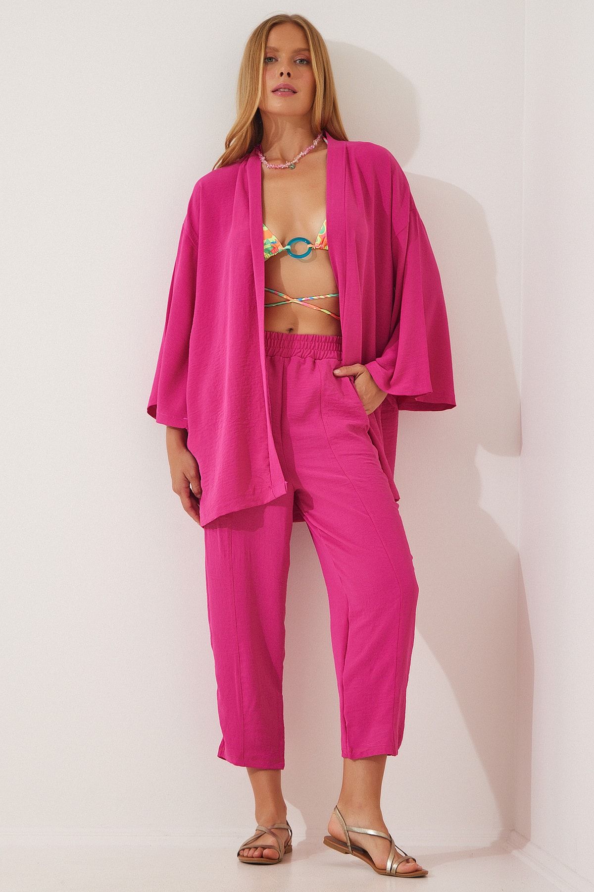 Happiness İstanbul Komplet Damskich Spodni Kimono W Kolorze Ciemnoróżowym Kobieta - 38