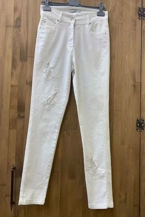 Payet Ve Boncuk Detaylı Tasarım Beyaz Kot Pantolon byz001